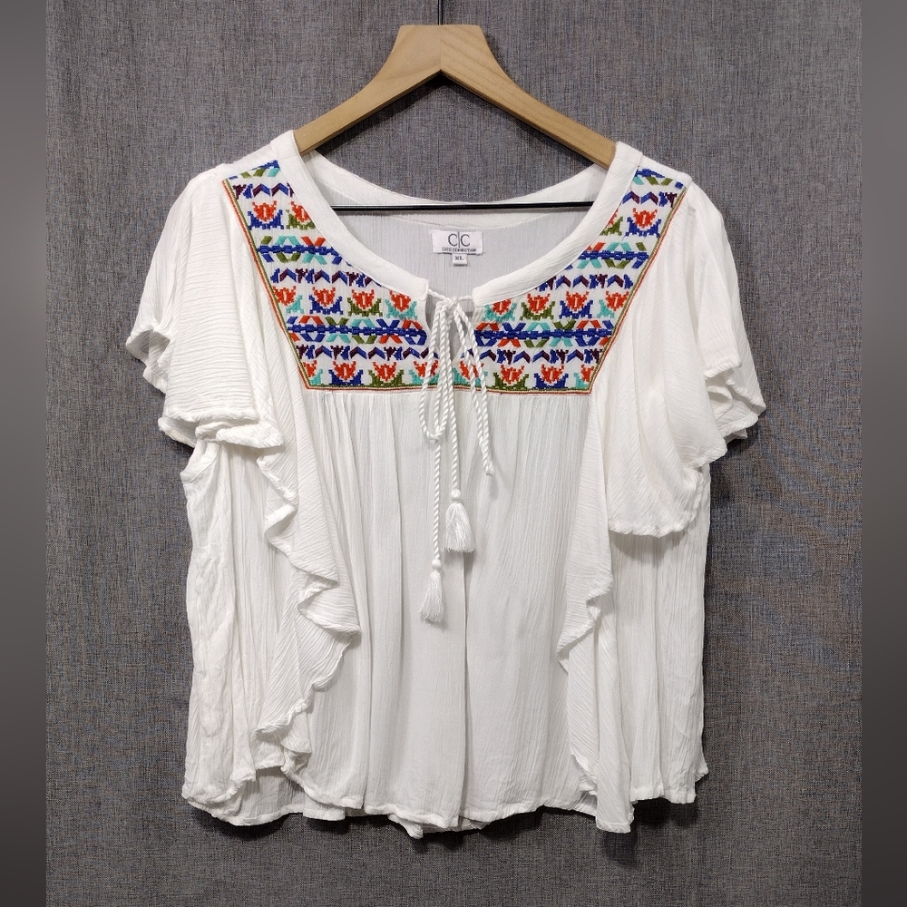 Chic Connection Embroidered Top Women's XL White Boho Retro 90s Y2K Cottagecore